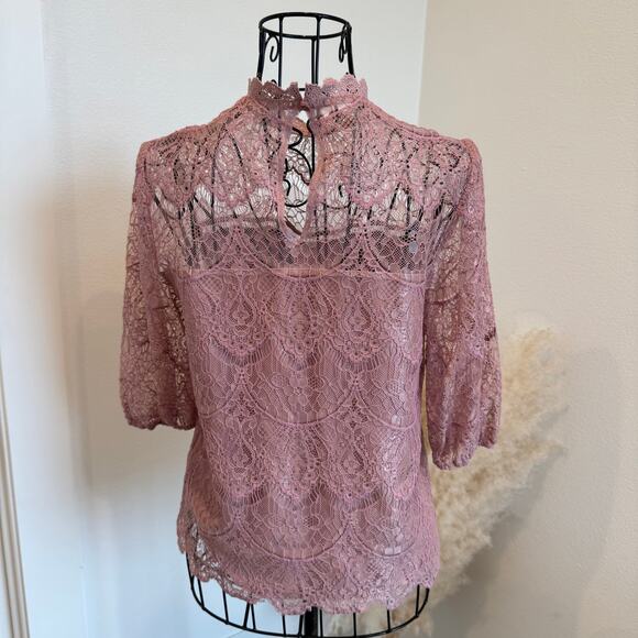BB Dakota Mock Neck Pink Lace Sheer Romantic Blouse XS - Picture 3 of 7
